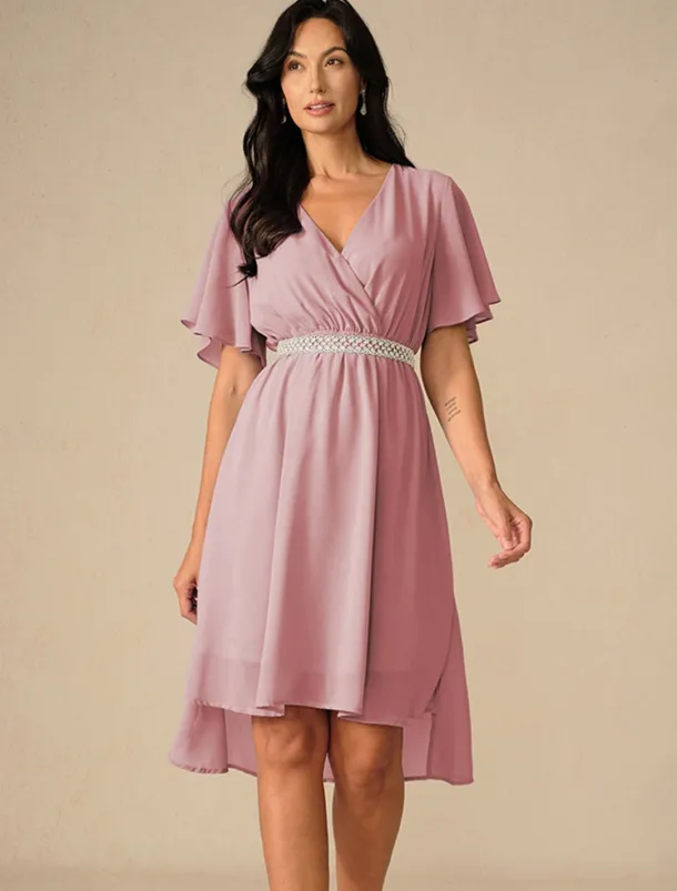 Women's Wedding Guest Cocktail Dress Bridesmaid Chiffon Split Thigh Elegant Midi Dress V Neck Short Flounce Sleeve Pink Blue Green Color