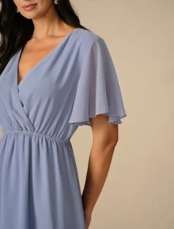 Women's Wedding Guest Cocktail Dress Bridesmaid Chiffon Split Thigh Elegant Midi Dress V Neck Short Flounce Sleeve Pink Blue Green Color