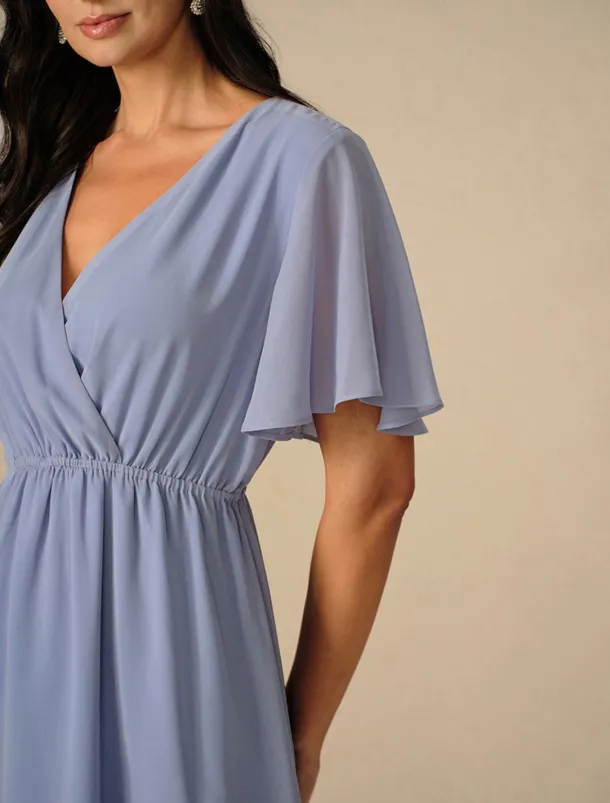 Women's Wedding Guest Cocktail Dress Bridesmaid Chiffon Split Thigh Elegant Midi Dress V Neck Short Flounce Sleeve Pink Blue Green Color