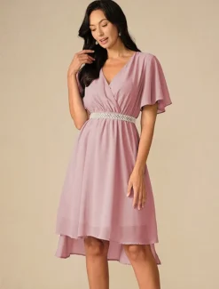 Women's Wedding Guest Cocktail Dress Bridesmaid Chiffon Split Thigh Elegant Midi Dress V Neck Short Flounce Sleeve Pink Blue Green Color