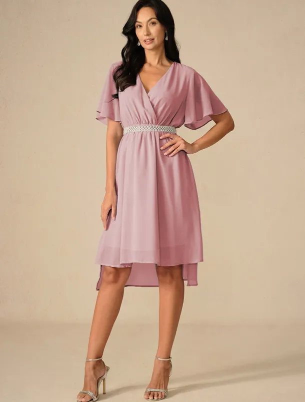 Women's Wedding Guest Cocktail Dress Bridesmaid Chiffon Split Thigh Elegant Midi Dress V Neck Short Flounce Sleeve Pink Blue Green Color