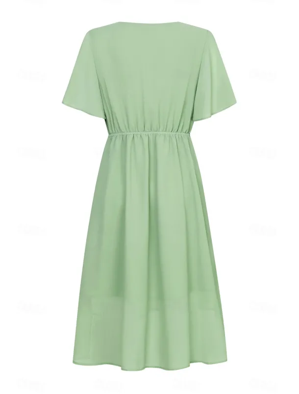 Women's Wedding Guest Cocktail Dress Bridesmaid Chiffon Split Thigh Elegant Midi Dress V Neck Short Flounce Sleeve Pink Blue Green Color