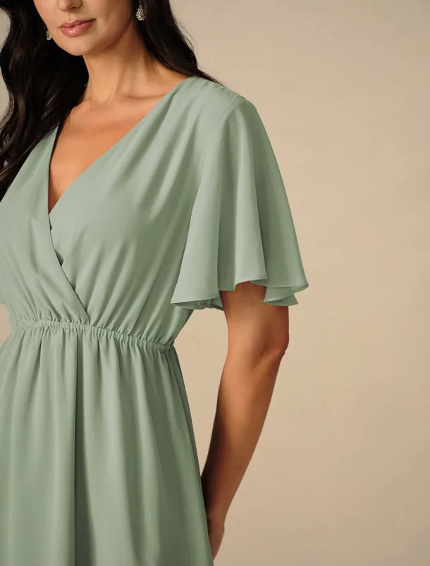 Women's Wedding Guest Cocktail Dress Bridesmaid Chiffon Split Thigh Elegant Midi Dress V Neck Short Flounce Sleeve Pink Blue Green Color