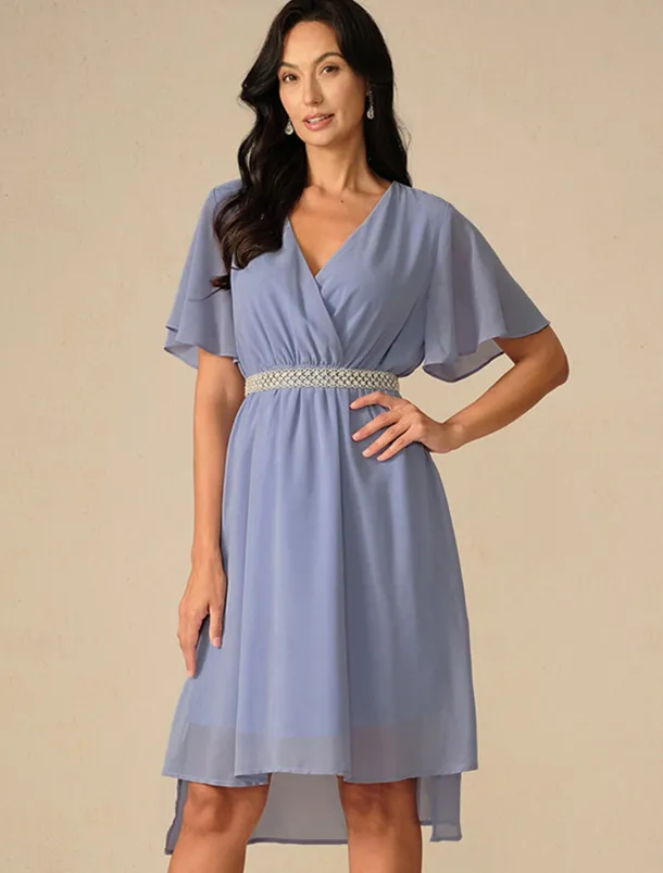 Women's Wedding Guest Cocktail Dress Bridesmaid Chiffon Split Thigh Elegant Midi Dress V Neck Short Flounce Sleeve Pink Blue Green Color