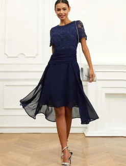 Women's Wedding Guest Cocktail Dress Chiffon Lace Ruched Crew Neck Short Sleeve Midi Dress Party Elegant Formal Dark Blue Summer
