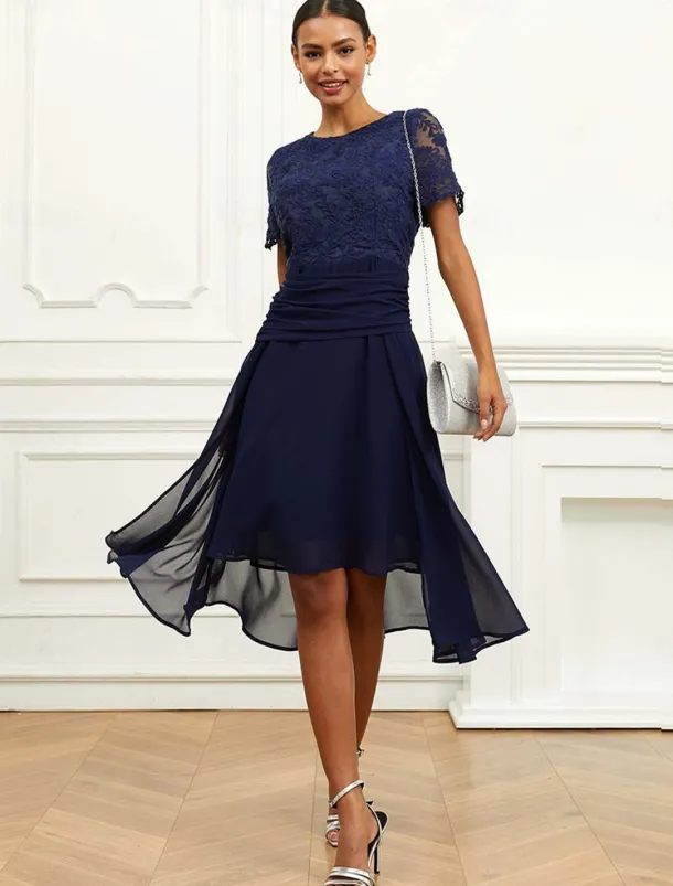 Women's Wedding Guest Cocktail Dress Chiffon Lace Ruched Crew Neck Short Sleeve Midi Dress Party Elegant Formal Dark Blue Summer