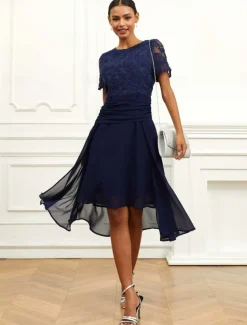 Women's Wedding Guest Cocktail Dress Chiffon Lace Ruched Crew Neck Short Sleeve Midi Dress Party Elegant Formal Dark Blue Summer