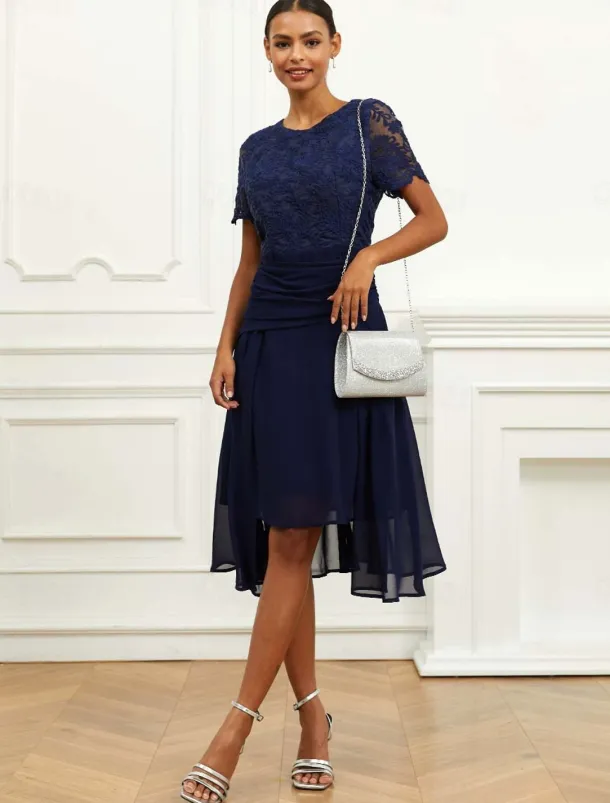 Women's Wedding Guest Cocktail Dress Chiffon Lace Ruched Crew Neck Short Sleeve Midi Dress Party Elegant Formal Dark Blue Summer