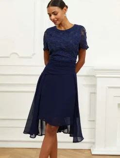 Women's Wedding Guest Cocktail Dress Chiffon Lace Ruched Crew Neck Short Sleeve Midi Dress Party Elegant Formal Dark Blue Summer