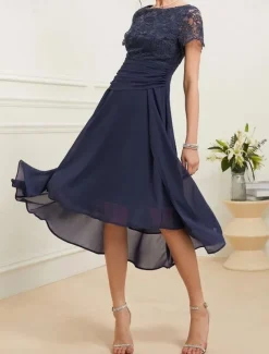 Women's Wedding Guest Cocktail Dress Chiffon Lace Ruched Crew Neck Short Sleeve Midi Dress Party Elegant Formal Dark Blue Summer