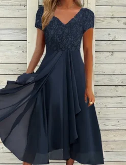 Women's Wedding Guest Cocktail Dress Elegant Midi Dress V-Neck Lace Short Sleeve Chiffon Flowy Navy Blue Evening Party Summer