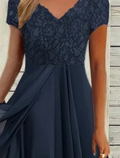 Women's Wedding Guest Cocktail Dress Elegant Midi Dress V-Neck Lace Short Sleeve Chiffon Flowy Navy Blue Evening Party Summer