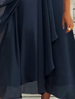 Women's Wedding Guest Cocktail Dress Elegant Midi Dress V-Neck Lace Short Sleeve Chiffon Flowy Navy Blue Evening Party Summer