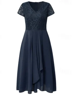 Women's Wedding Guest Cocktail Dress Elegant Midi Dress V-Neck Lace Short Sleeve Chiffon Flowy Navy Blue Evening Party Summer