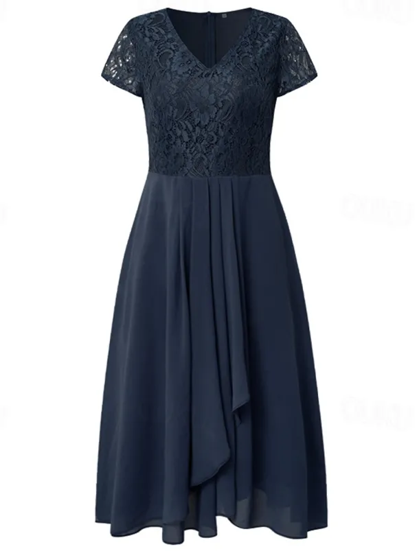 Women's Wedding Guest Cocktail Dress Elegant Midi Dress V-Neck Lace Short Sleeve Chiffon Flowy Navy Blue Evening Party Summer
