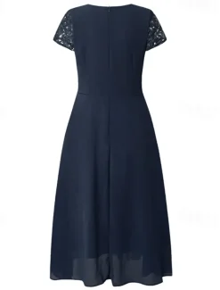 Women's Wedding Guest Cocktail Dress Elegant Midi Dress V-Neck Lace Short Sleeve Chiffon Flowy Navy Blue Evening Party Summer