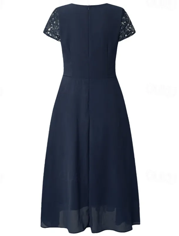 Women's Wedding Guest Cocktail Dress Elegant Midi Dress V-Neck Lace Short Sleeve Chiffon Flowy Navy Blue Evening Party Summer