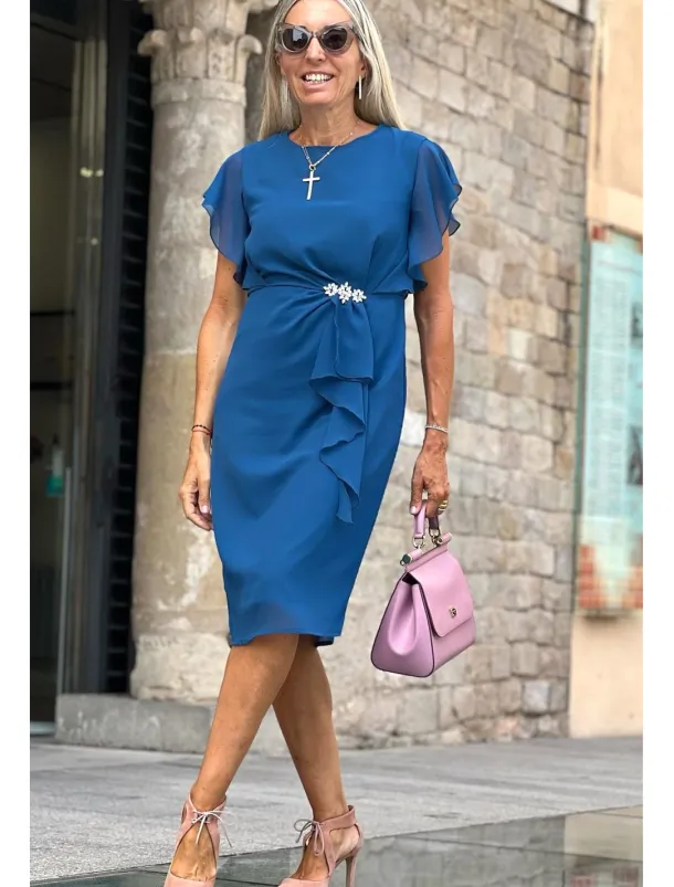 Women's Wedding Guest Cocktail Party Dress Midi Chiffon Dress Wine Blue Green Short Sleeve Solid Color Ruffle Crew Neck Evening Summer Spring Fall