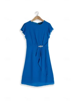 Women's Wedding Guest Cocktail Party Dress Midi Chiffon Dress Wine Blue Green Short Sleeve Solid Color Ruffle Crew Neck Evening Summer Spring Fall