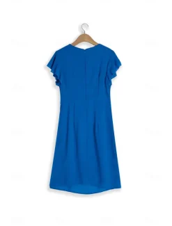 Women's Wedding Guest Cocktail Party Dress Midi Chiffon Dress Wine Blue Green Short Sleeve Solid Color Ruffle Crew Neck Evening Summer Spring Fall