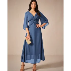 Women's Wedding Guest Cocktail Dress Chiffon Plain Ruffle Twisted Elegant Summer Maxi Dress V Neck Flared 3/4 Length Sleeve