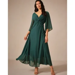 Women's Wedding Guest Cocktail Dress Chiffon Plain Ruffle Twisted Elegant Summer Maxi Dress V Neck Flared 3/4 Length Sleeve