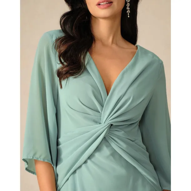 Women's Wedding Guest Cocktail Dress Chiffon Plain Ruffle Twisted Elegant Summer Maxi Dress V Neck Flared 3/4 Length Sleeve