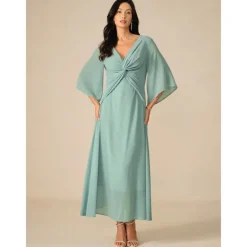 Women's Wedding Guest Cocktail Dress Chiffon Plain Ruffle Twisted Elegant Summer Maxi Dress V Neck Flared 3/4 Length Sleeve