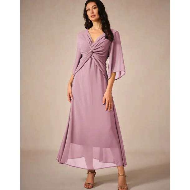 Women's Wedding Guest Cocktail Dress Chiffon Plain Ruffle Twisted Elegant Summer Maxi Dress V Neck Flared 3/4 Length Sleeve
