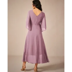 Women's Wedding Guest Cocktail Dress Chiffon Plain Ruffle Twisted Elegant Summer Maxi Dress V Neck Flared 3/4 Length Sleeve
