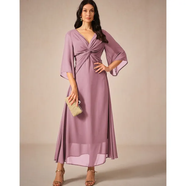 Women's Wedding Guest Cocktail Dress Chiffon Plain Ruffle Twisted Elegant Summer Maxi Dress V Neck Flared 3/4 Length Sleeve