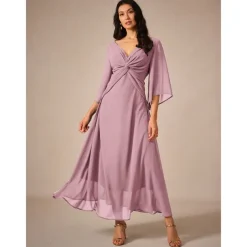 Women's Wedding Guest Cocktail Dress Chiffon Plain Ruffle Twisted Elegant Summer Maxi Dress V Neck Flared 3/4 Length Sleeve