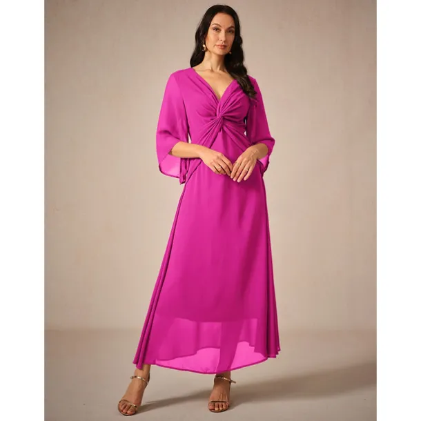 Women's Wedding Guest Cocktail Dress Chiffon Plain Ruffle Twisted Elegant Summer Maxi Dress V Neck Flared 3/4 Length Sleeve