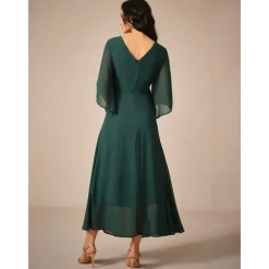 Women's Wedding Guest Cocktail Dress Chiffon Plain Ruffle Twisted Elegant Summer Maxi Dress V Neck Flared 3/4 Length Sleeve