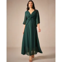 Women's Wedding Guest Cocktail Dress Chiffon Plain Ruffle Twisted Elegant Summer Maxi Dress V Neck Flared 3/4 Length Sleeve