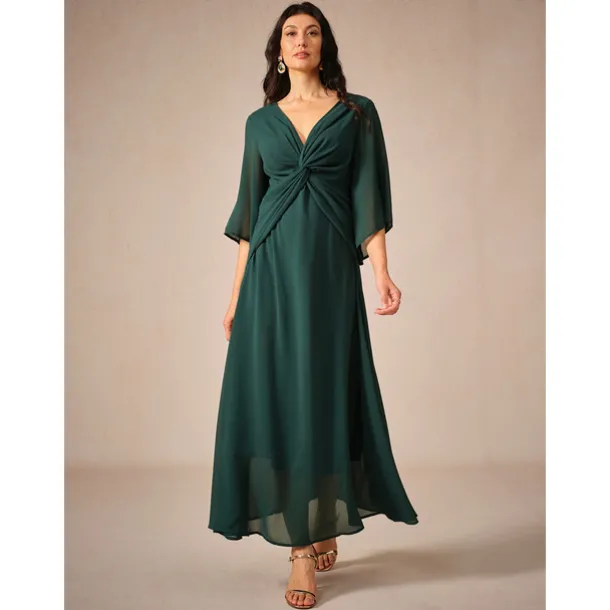 Women's Wedding Guest Cocktail Dress Chiffon Plain Ruffle Twisted Elegant Summer Maxi Dress V Neck Flared 3/4 Length Sleeve