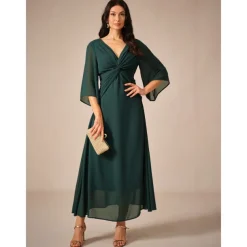 Women's Wedding Guest Cocktail Dress Chiffon Plain Ruffle Twisted Elegant Summer Maxi Dress V Neck Flared 3/4 Length Sleeve