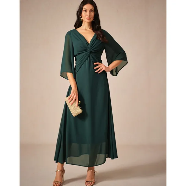 Women's Wedding Guest Cocktail Dress Chiffon Plain Ruffle Twisted Elegant Summer Maxi Dress V Neck Flared 3/4 Length Sleeve