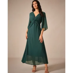 Women's Wedding Guest Cocktail Dress Chiffon Plain Ruffle Twisted Elegant Summer Maxi Dress V Neck Flared 3/4 Length Sleeve