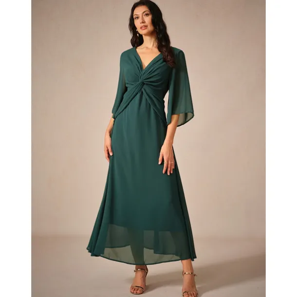 Women's Wedding Guest Cocktail Dress Chiffon Plain Ruffle Twisted Elegant Summer Maxi Dress V Neck Flared 3/4 Length Sleeve