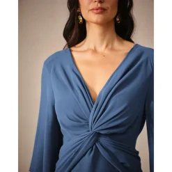 Women's Wedding Guest Cocktail Dress Chiffon Plain Ruffle Twisted Elegant Summer Maxi Dress V Neck Flared 3/4 Length Sleeve