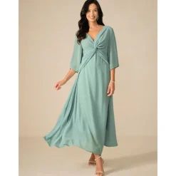 Women's Wedding Guest Cocktail Dress Chiffon Plain Ruffle Twisted Elegant Summer Maxi Dress V Neck Flared 3/4 Length Sleeve
