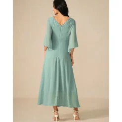 Women's Wedding Guest Cocktail Dress Chiffon Plain Ruffle Twisted Elegant Summer Maxi Dress V Neck Flared 3/4 Length Sleeve
