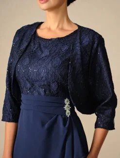 Women's Wedding Guest Cocktail Dress Set Chiffon Lace Patchwork Elegant Spring Fall Midi Dress Crew Neck 3/4 Length Sleeve Navy Blue