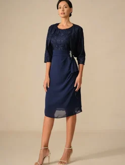 Women's Wedding Guest Cocktail Dress Set Chiffon Lace Patchwork Elegant Spring Fall Midi Dress Crew Neck 3/4 Length Sleeve Navy Blue