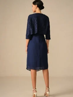 Women's Wedding Guest Cocktail Dress Set Chiffon Lace Patchwork Elegant Spring Fall Midi Dress Crew Neck 3/4 Length Sleeve Navy Blue