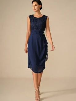 Women's Wedding Guest Cocktail Dress Set Chiffon Lace Patchwork Elegant Spring Fall Midi Dress Crew Neck 3/4 Length Sleeve Navy Blue