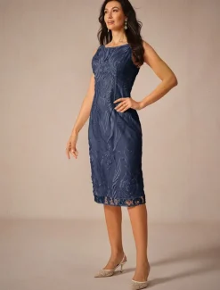 Women's Wedding Guest Cocktail Dress Chiffon Lace Dress Elegant Midi Dress Crew Neck Half Sleeve Green Color