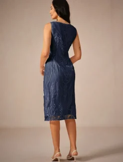 Women's Wedding Guest Cocktail Dress Chiffon Lace Dress Elegant Midi Dress Crew Neck Half Sleeve Green Color