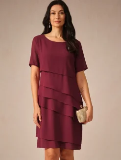 Women's Wedding Guest Cocktail Dress Chiffon Layered Plain Summer Spring Elegant Midi Dress Short Sleeve